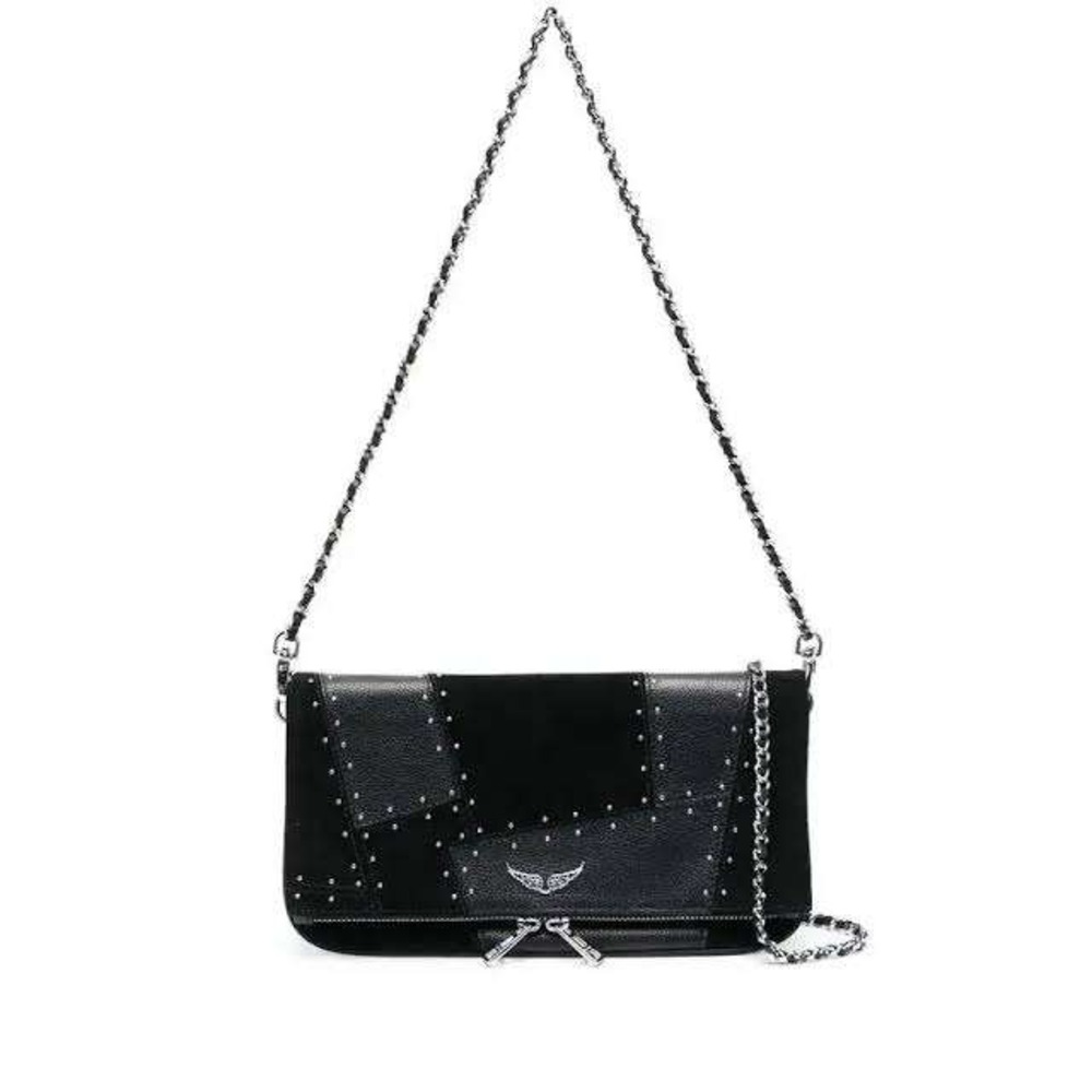 Zadig & Voltaire Rocky Patchwork Studs Black Leather Chain Crossbody Clutch Bag